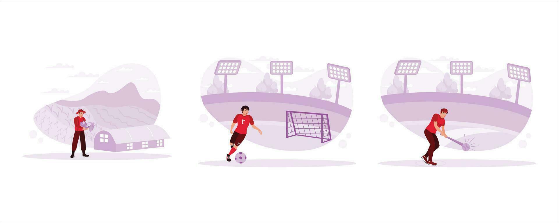 Farmer carrying fresh vegetables in a basket. Professional soccer players ready to kick. Baseball athlete in action and ready to throw a punch. Concept of work, craft, sport, and agriculture. vector