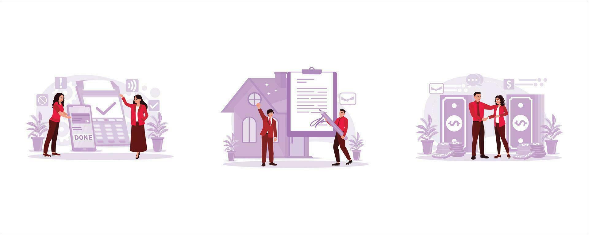 Payment process through NFC technology. They are signing a contract for buying and selling a house. Men and women transact money face to face. Trend Modern vector flat illustration.