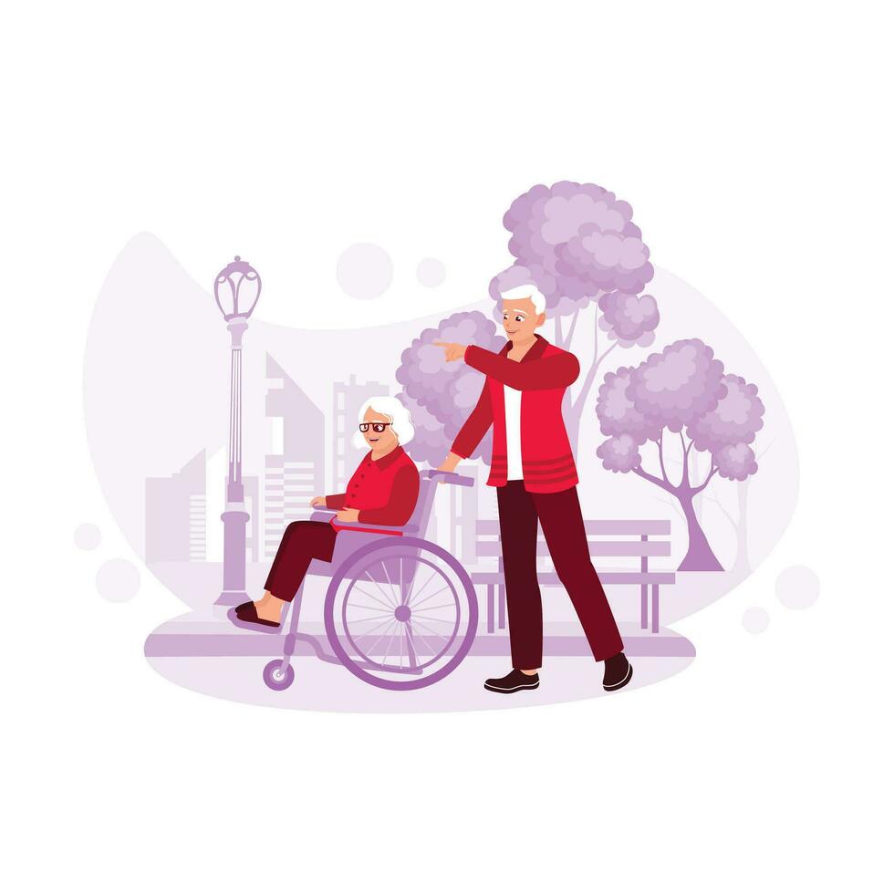 The senior couple was in the park, and the husband happily pushed his wife while sitting in a wheelchair. Trend Modern vector flat illustration.