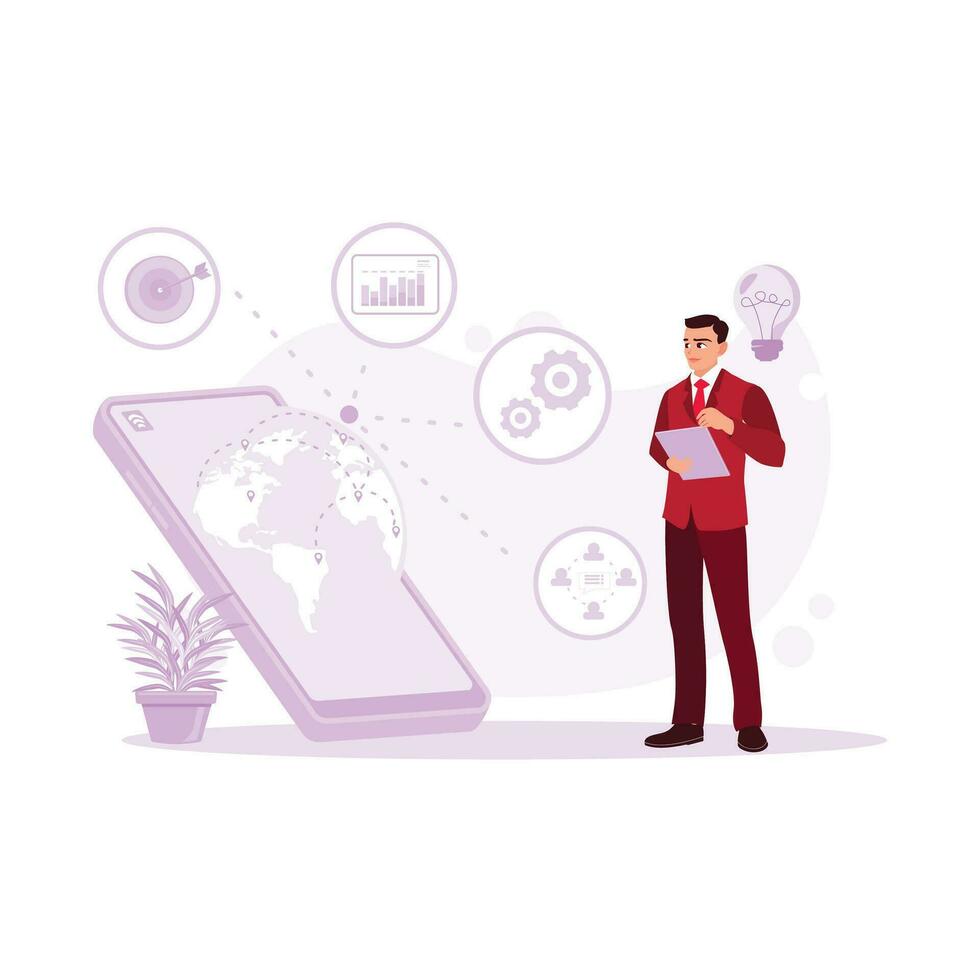 hombre en un Corbata en pie con un tableta, accediendo global negocio y digital márketing datos vía Internet conexión. tendencia moderno vector plano ilustración.
