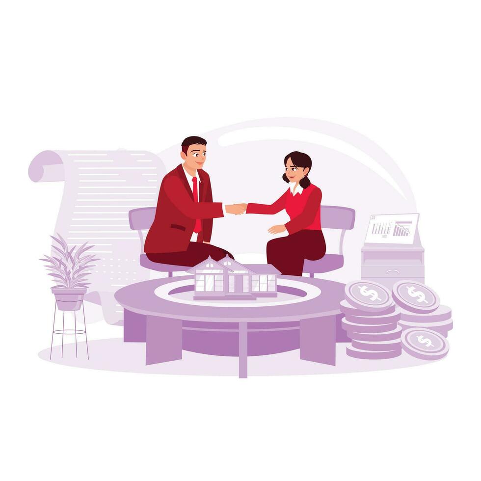 Real estate agent and client shake hands and sign a buy and sell contract. Trend Modern vector flat illustration.