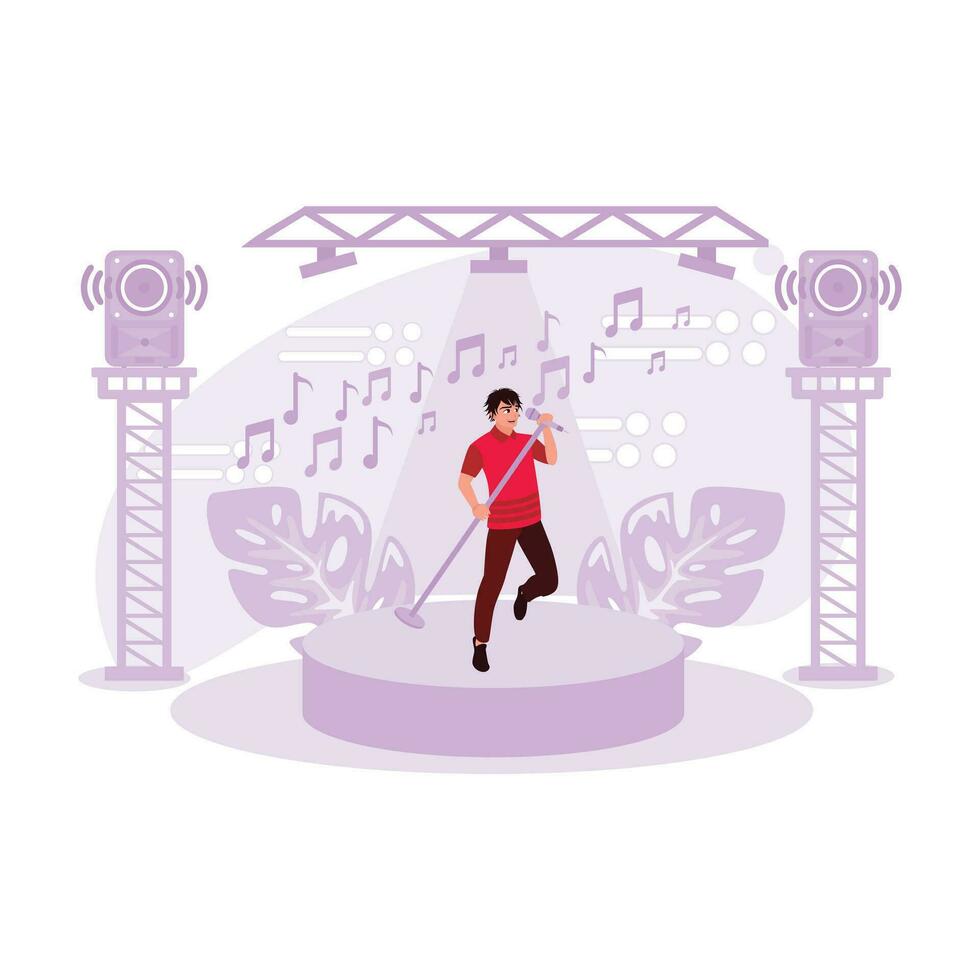 The young soloist looks good on stage. Trend Modern vector flat illustration.