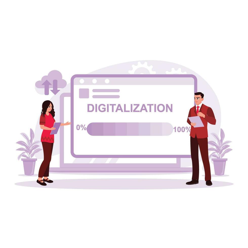 The boss and employees use a tablet to monitor the digitization process on the screen. Digital world concept. Trend Modern vector flat illustration.