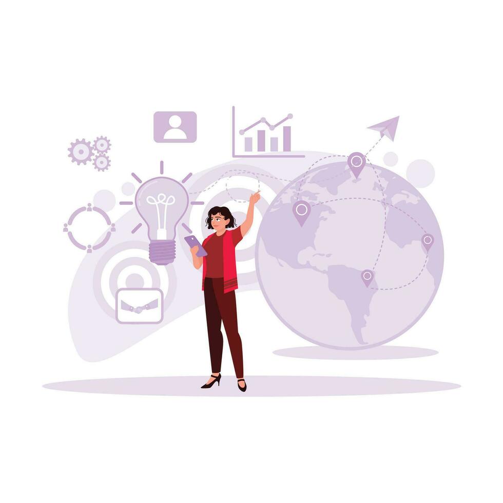 Young businesswoman with a cell phone in hand, looking for important information about business and digital marketing via her smartphone. Trend Modern vector flat illustration.