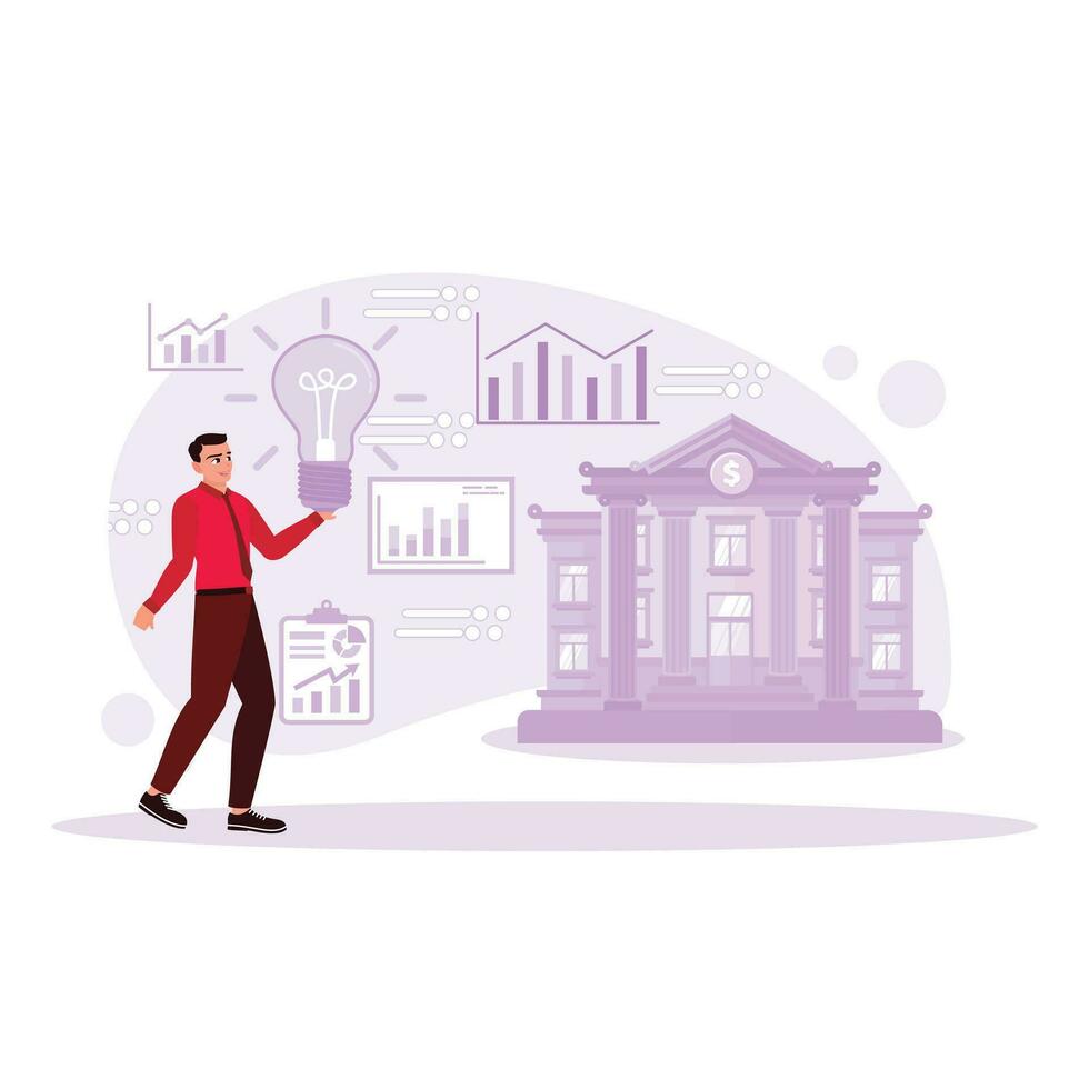 The young man in a tie holding a creative light bulb against a growth chart building background and banking icons. Trend Modern vector flat illustration.