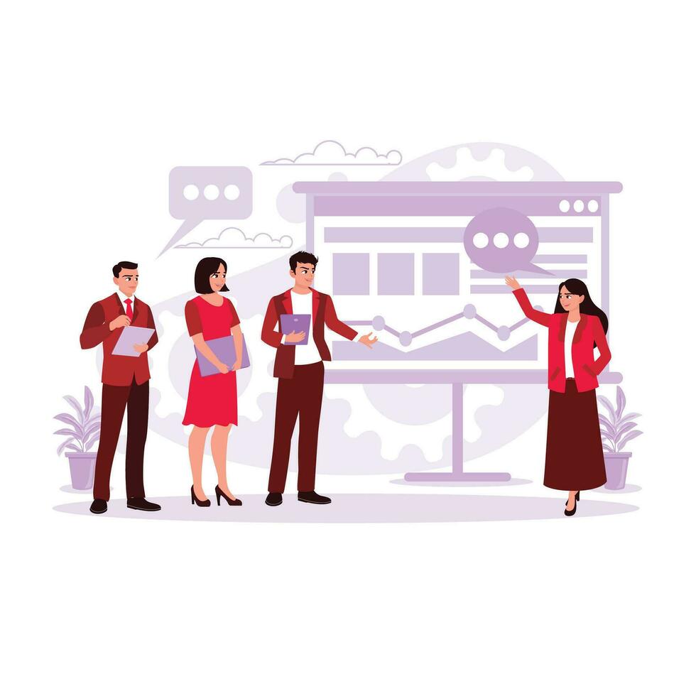 A group of modern young people discussing and planning business strategy and a woman explaining infographics on a screen. Trend Modern vector flat illustration.