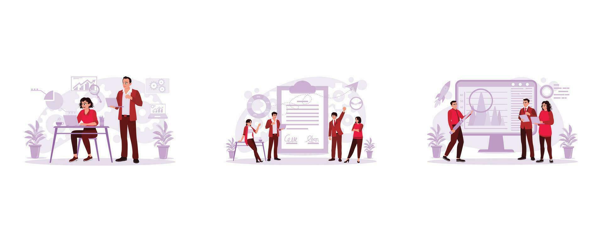 Young boss talking about the project with the employee. Young business people gather and celebrate successful business agreements. Business creative team discussing rising chart. vector