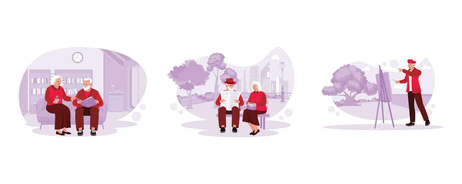 Elderly couple sitting together on the sofa. Mature couple talking and reading a newspaper in the park. Adult male painting on canvas in the garden. Trend Modern vector flat illustration.