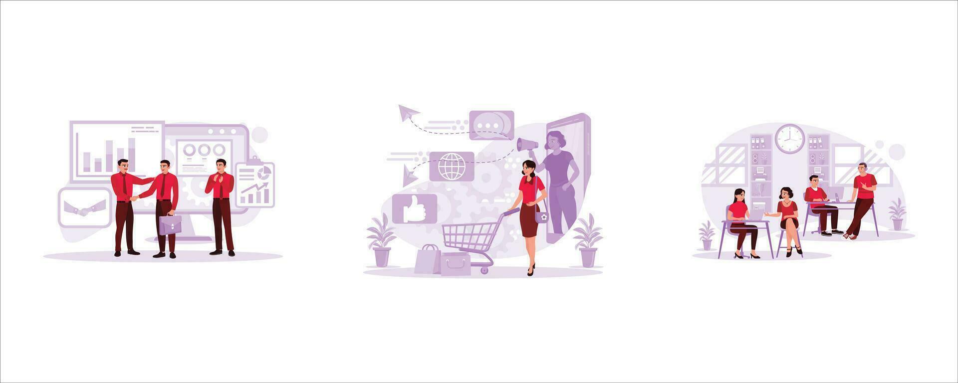 Young business people are shaking hands over business deals. A woman is pushing a trolley with an employee promoting the background. In a favorable situation, the employees talk casually. vector