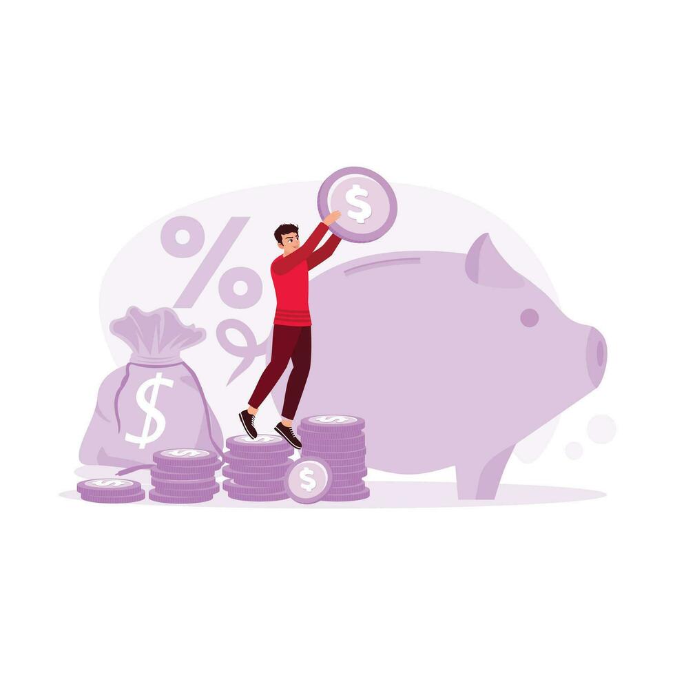 The young man is standing on a pile of coins and putting coins in a giant piggy bank. Concept of saving money. Trend Modern vector flat illustration.