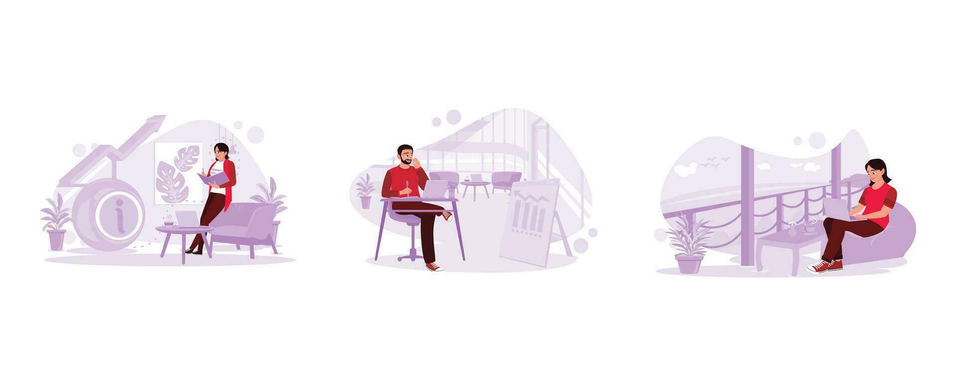 Female students concentrate on writing and taking notes. Freelancer man working with laptop in cafe. Freelance woman sitting relaxed and reporting on the laptop. Trend Modern vector flat illustration.