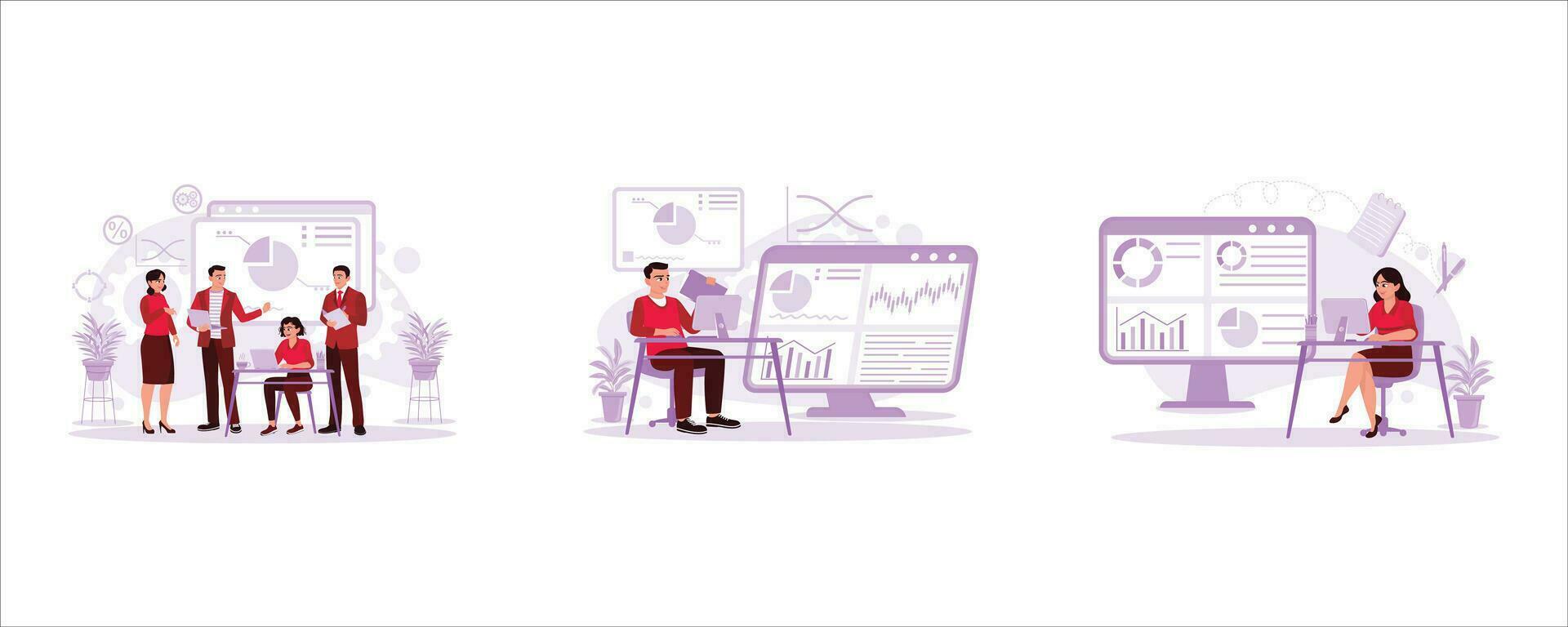 Business team meeting and discussing the progress of the business project. Accountant analyzes documents and charts. Young financial analyst sitting in the office and analyzing rising graphs vector