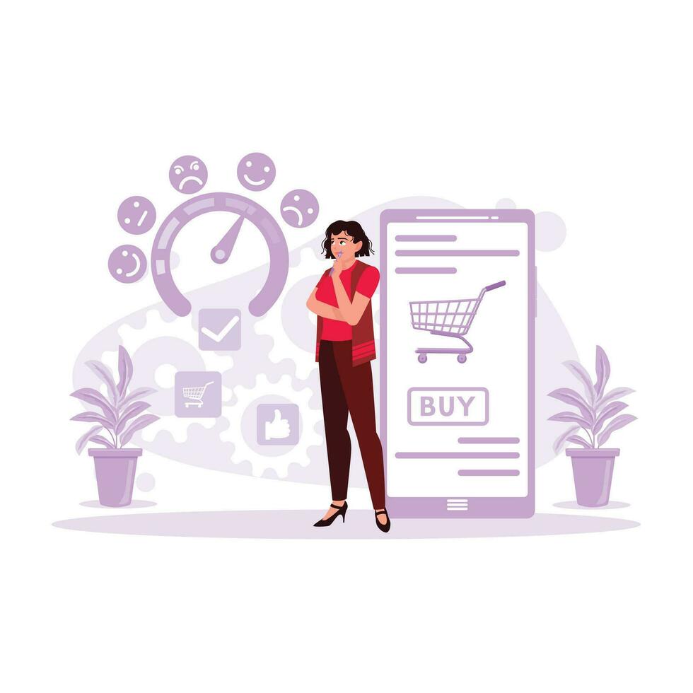 The customer experience of modern woman rating smiling emoticon on online shopping web. Trend Modern vector flat illustration.