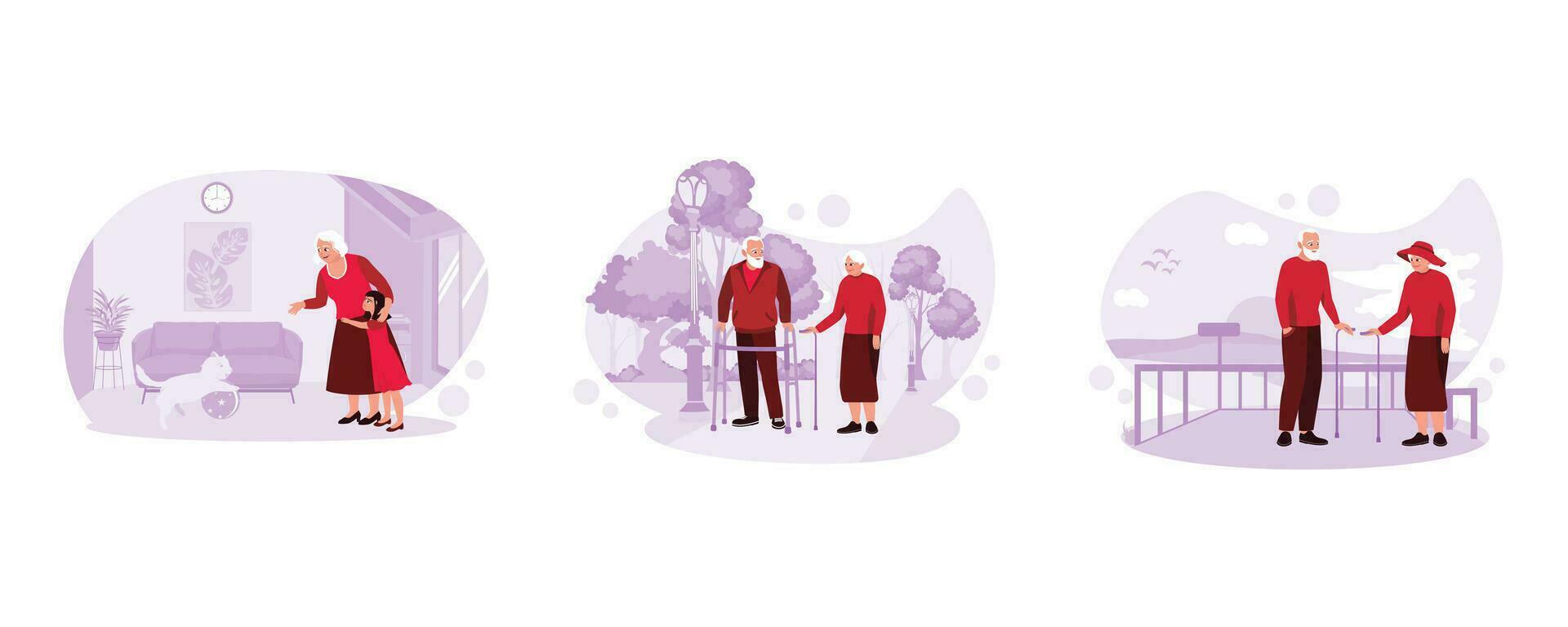 The moment the grandson hugs Grandma and plays with the cat. Portrait of an elderly couple walking with walkers in the park. An elderly couple was standing with sticks on the beach railing. vector
