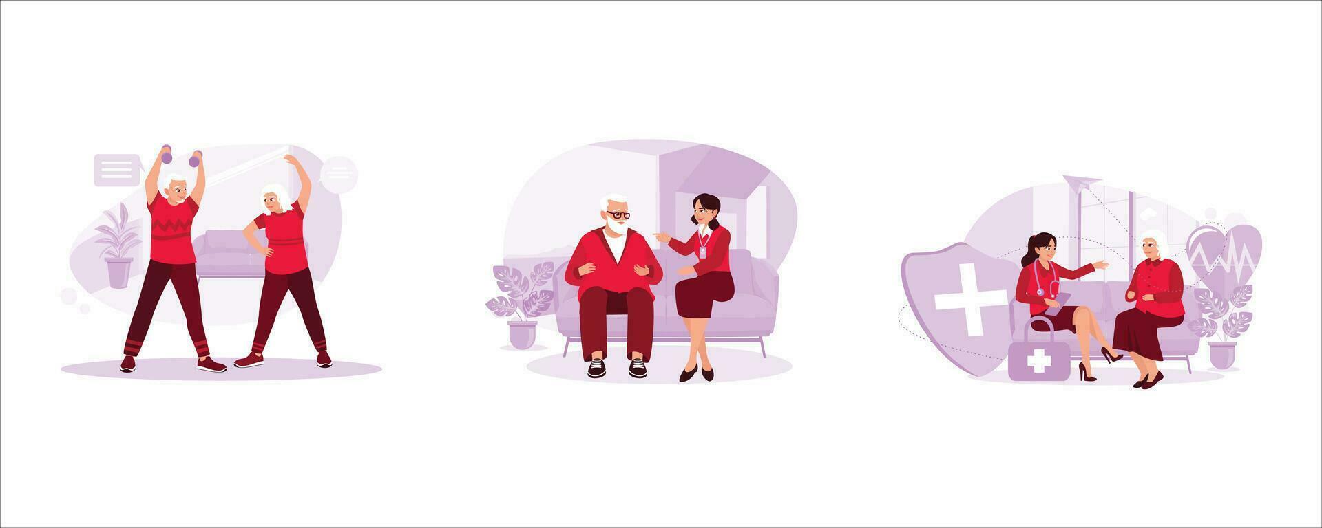 Senior couple exercising together at home. Nurse visiting elderly patient at home. Doctor consulting an elderly female patient. Trend Modern vector flat illustration.