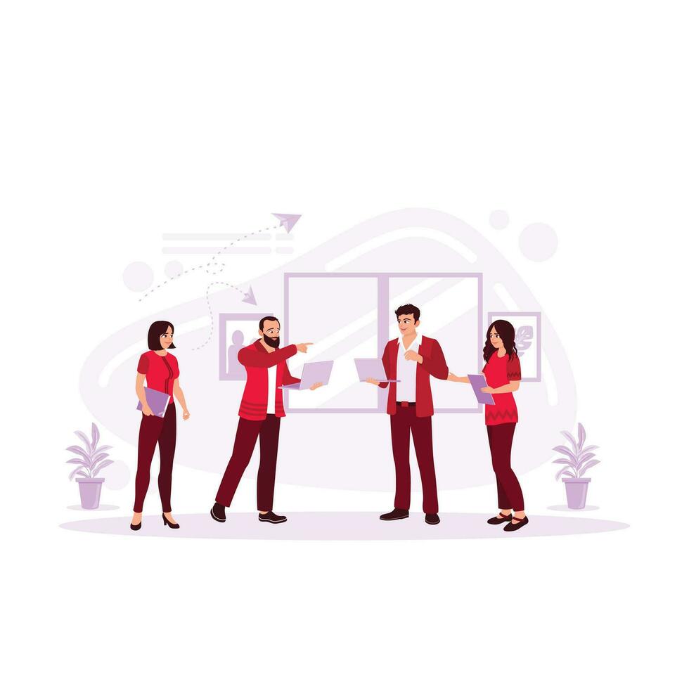 A team is standing in one corner of the office, discussing work. Business team working together, brainstorming, and discussing ideas for projects. Trend Modern vector flat illustration