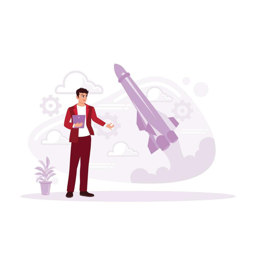 Startup business concept, Businessman holding tablet and transparent rocket launch icon. Business project startup process, ideas through planning and strategy, time management. vector