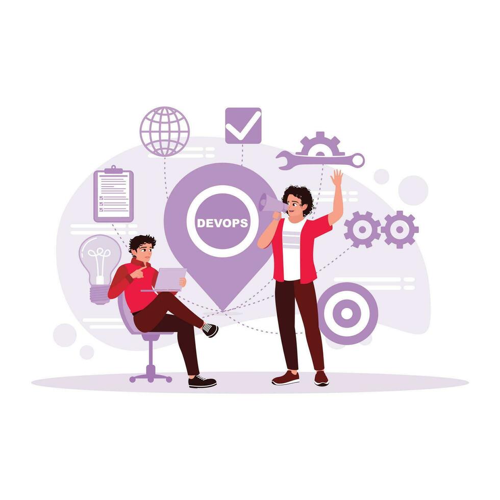 Entrepreneur carries out the development and monitoring of steps in the software. DevOps concept and digital business innovation. Trend Modern vector flat illustration.