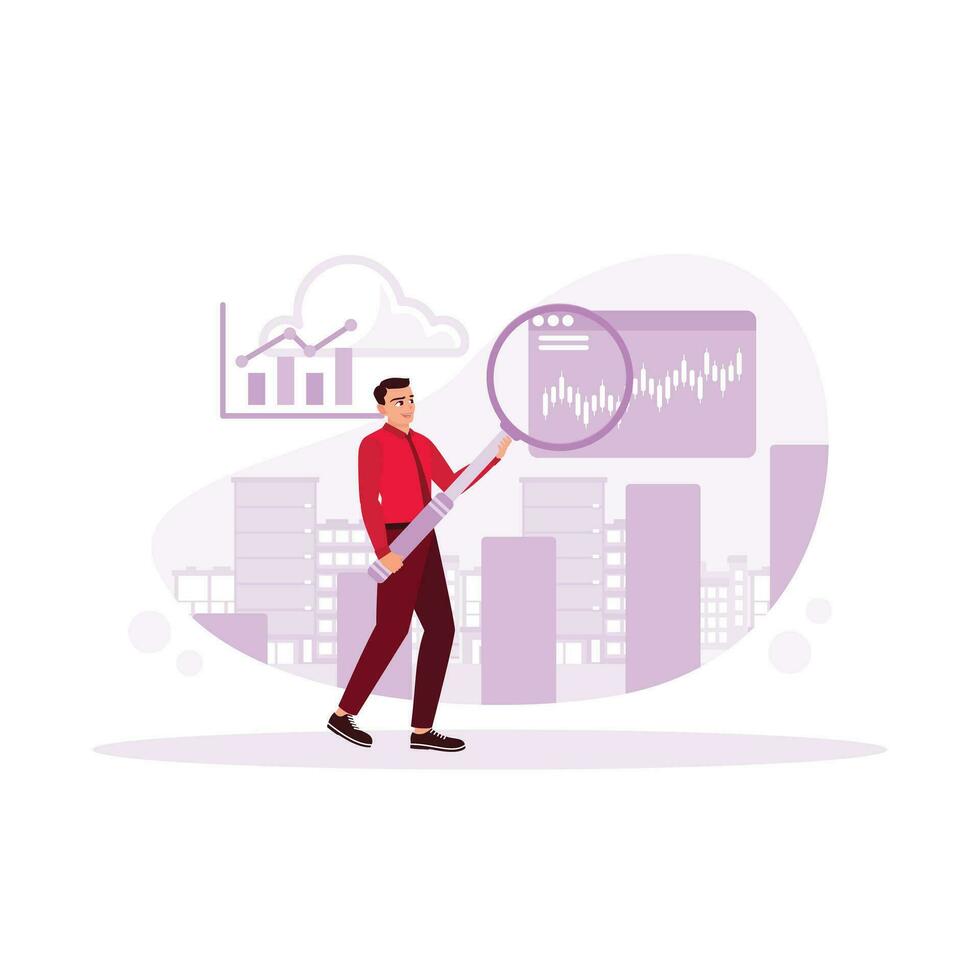 Financial service center. FOREX chart and chart concept. A businessman uses a magnifier to look at financial graphs. Trend Modern vector flat illustration