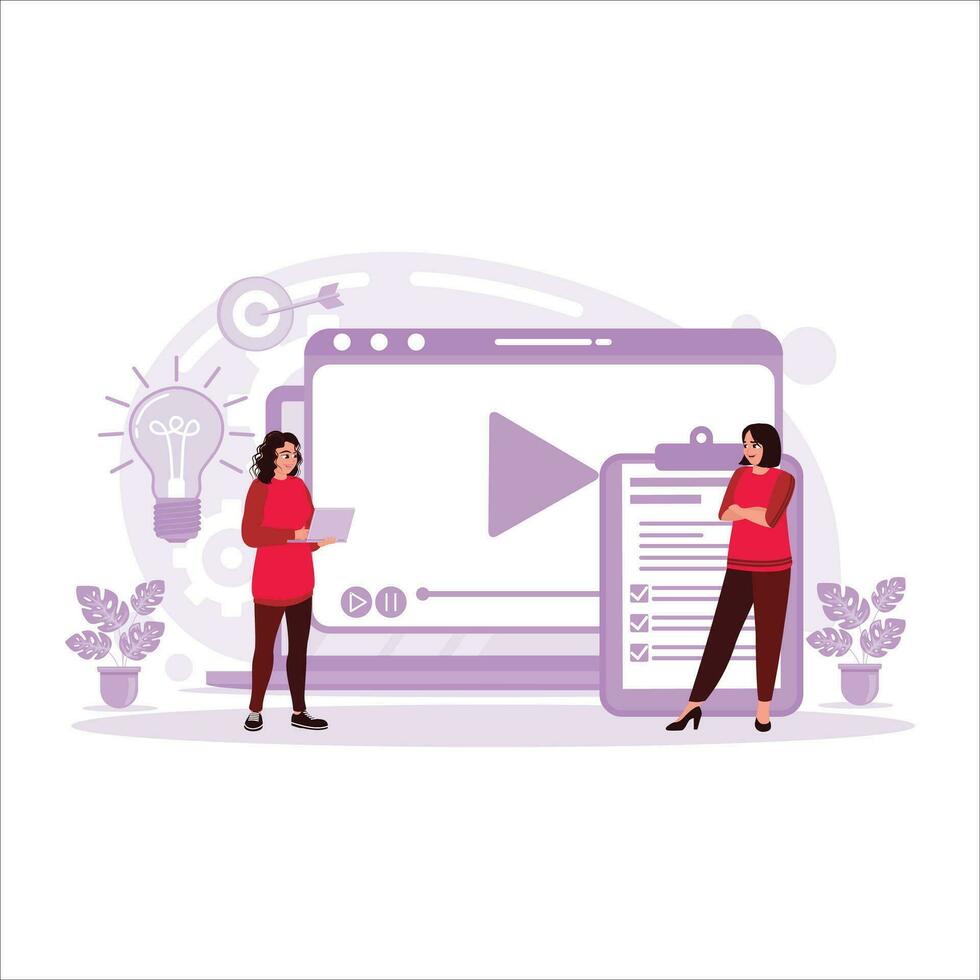 Content marketing concept with the person standing next to a computer screen with colleagues. Digital marketing strategists work with technology and digital media. vector