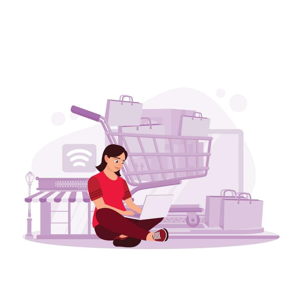 Sitting Asian woman opening a laptop in the background of package boxes in trolleys, shops, and shopping bags. Trend Modern vector flat illustration