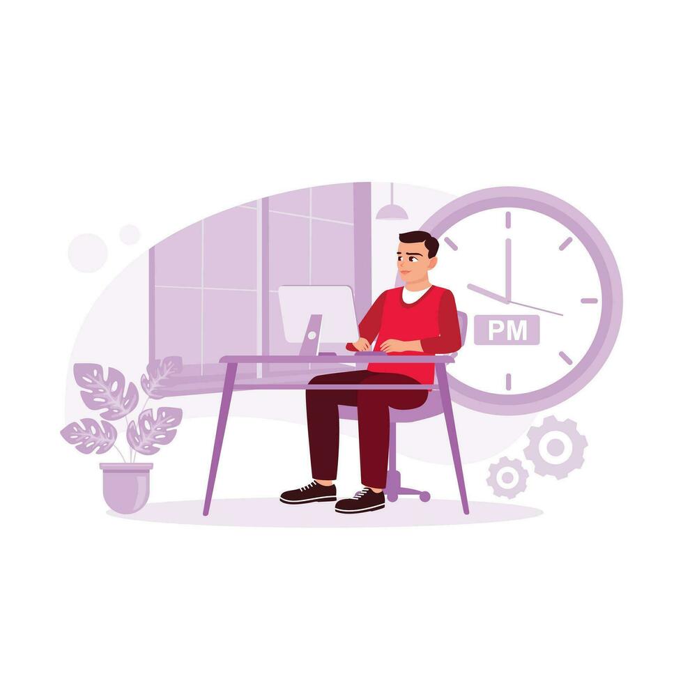 Young businessman sitting at an office table and working on a computer late into the night. Trend Modern vector flat illustration