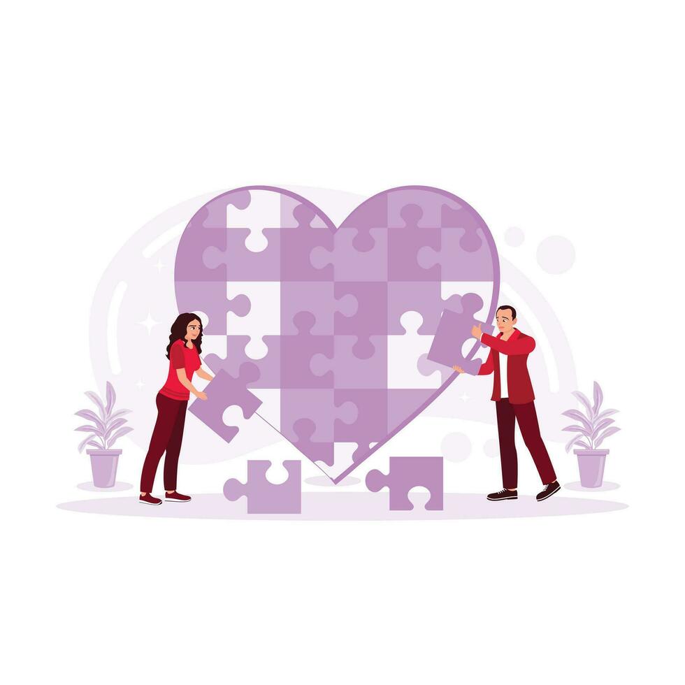 Charity and donation concept. Several people are holding a large heart puzzle symbol in their hands. Big heart and love. Trend Modern vector flat illustration