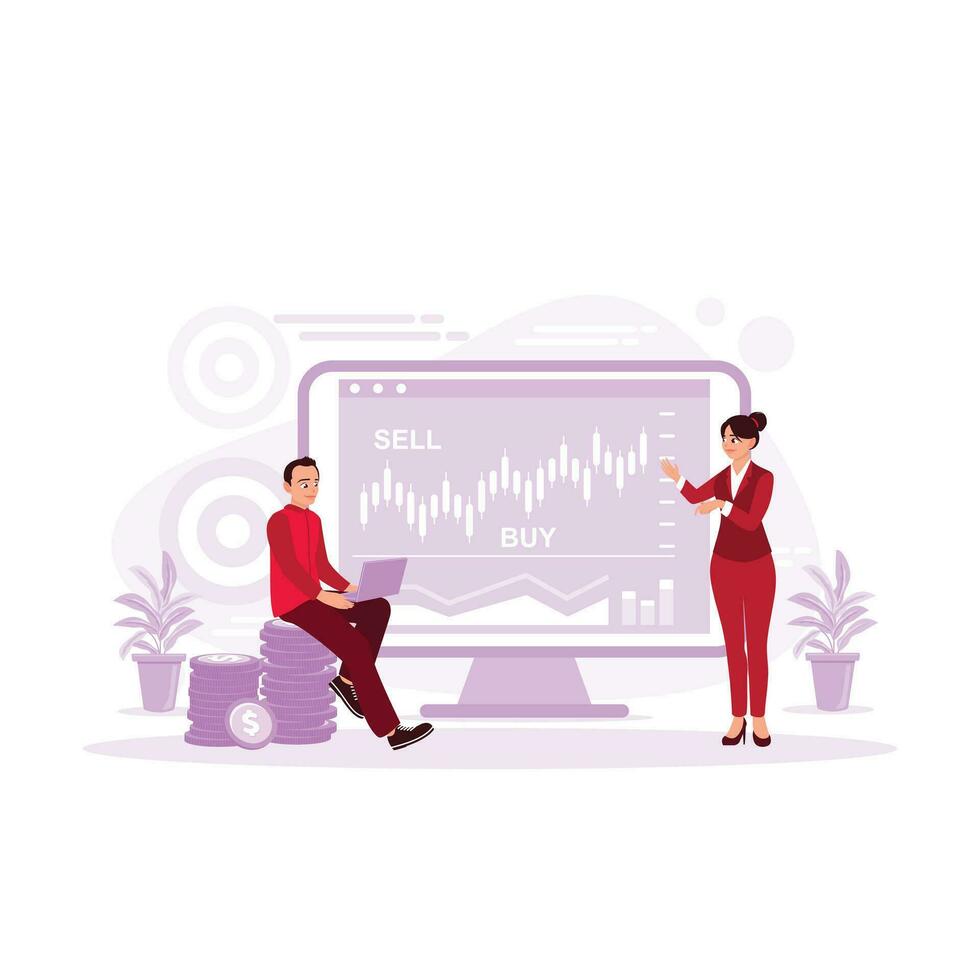 investment concept to sell or buy a company. A woman and a man presenting graphs of financial investments. Trend Modern vector flat illustration