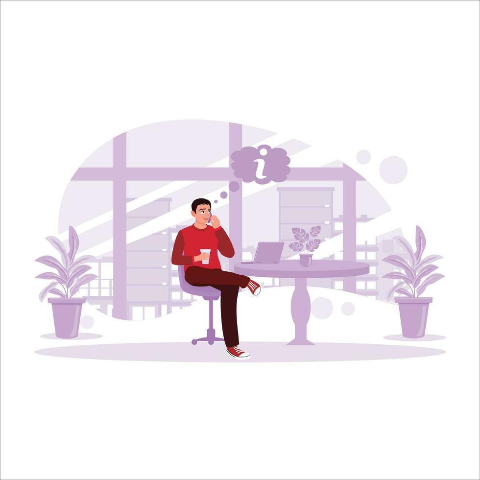 A man is casually sitting in front of a laptop in the house, conversing with a cup of coffee. Trend Modern vector flat illustration