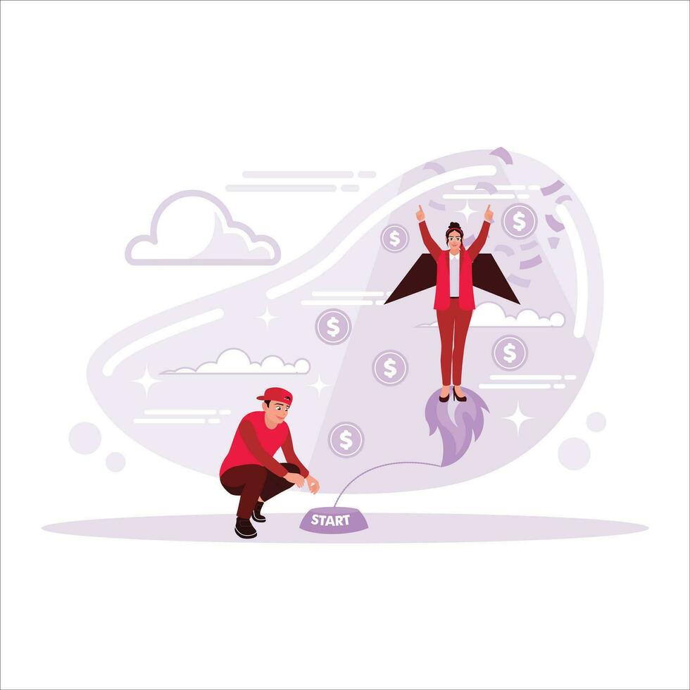 Male businessman pushing the button to fly businesswoman using a jet pack. Girl with Rocket in Back Reaches New Level of Development, Career Boost. Trend Modern vector flat illustration