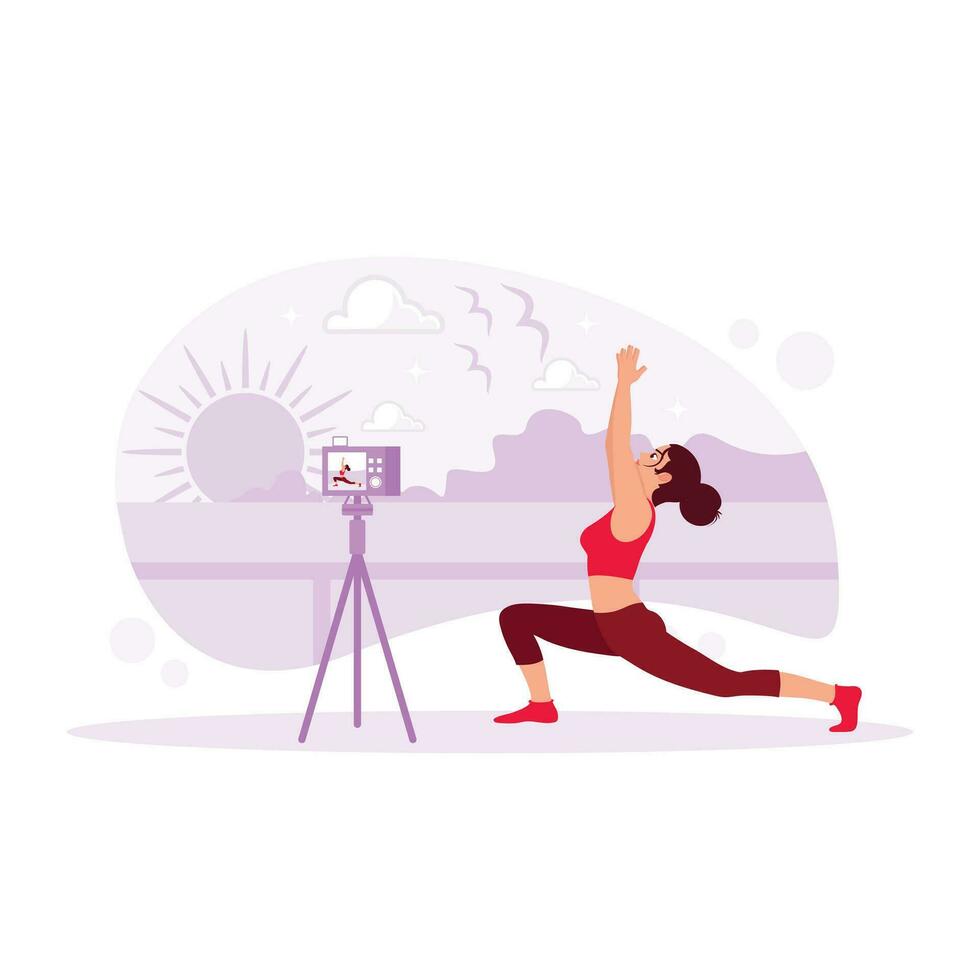 Yoga, fitness, and women's smartphone live streaming for social media. Content creator girl stretching, pilates, and fitness. Female fitness vlogger. Trend Modern vector flat illustration