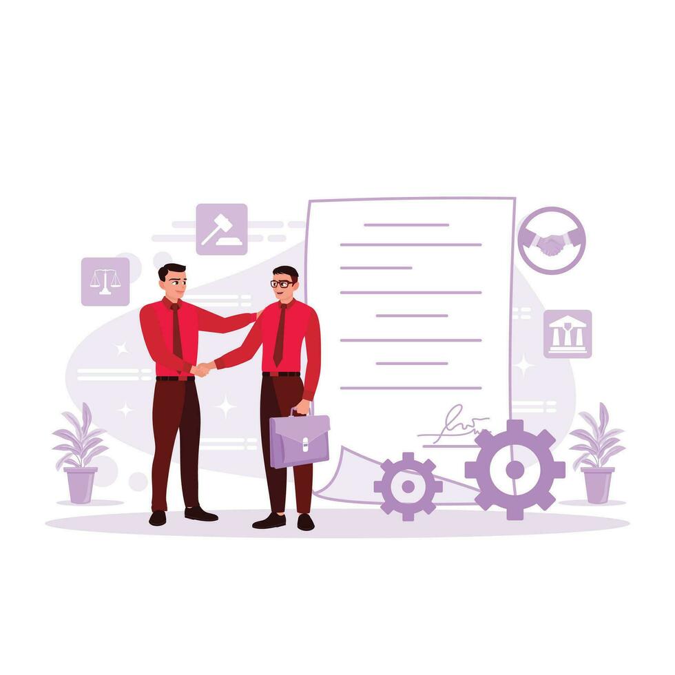 businessman shaking hands for the deal symbol with a fellow lawyer. Lawyers discuss with clients, consulting judges, legal advice, and strategic plans. Trend Modern vector flat illustration