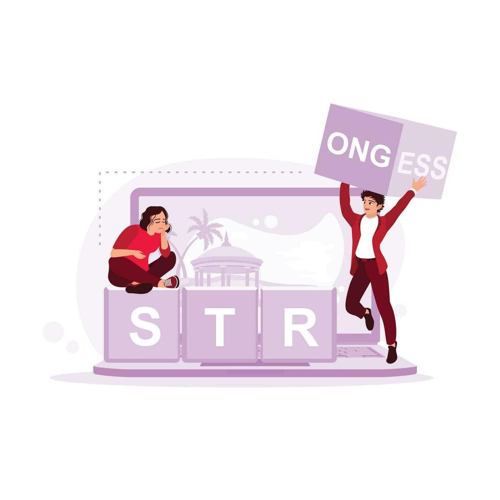 Two youths sat down and lifted a block. Change the word stress with the word strong. Trend Modern vector flat illustration