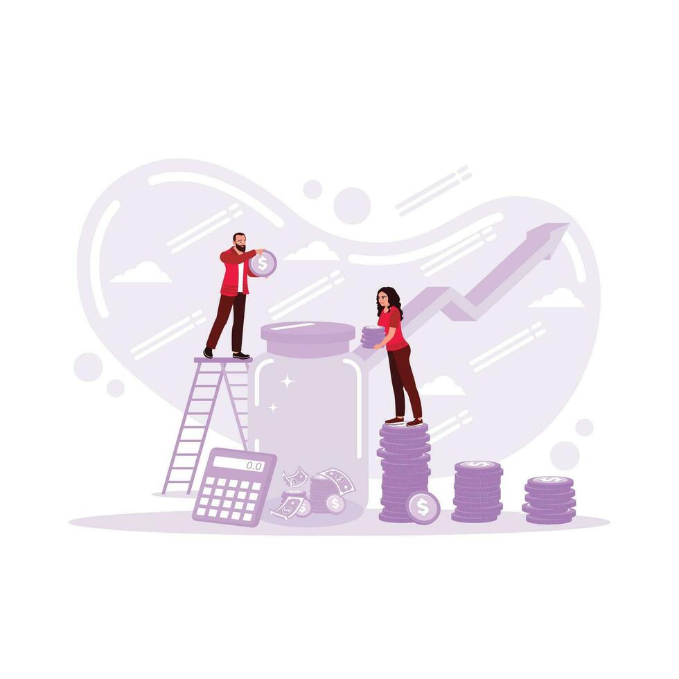 Concept of saving money. businessman holding a coin put in a glass, transparent jar with a lid. concept of saving money for financial accounting. Trend Modern vector flat illustration