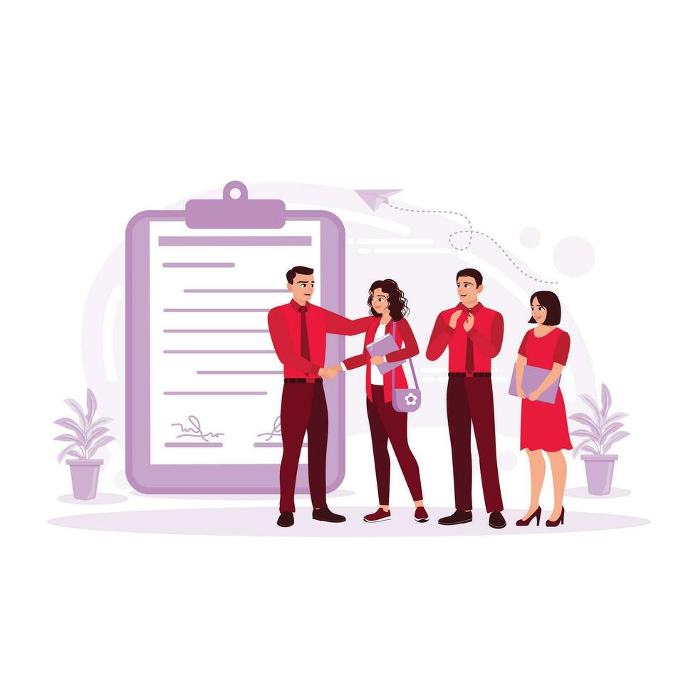 Happy co-workers shaking hands signifies a deal or making a deal after a successful negotiation. Boss shaking hands with happy employees respectfully. Trend Modern vector flat illustration