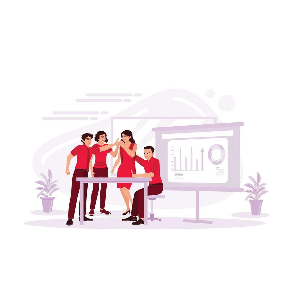 businessman with creative coworkers in a happy office celebrating achievement and success concept. People work together in the company, meeting, discussing, and brainstorming. vector