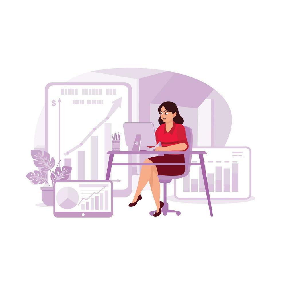 Businesswoman is sitting in the office with a computer, analyzing charts, taxes, and statistics. Trend Modern vector flat illustration