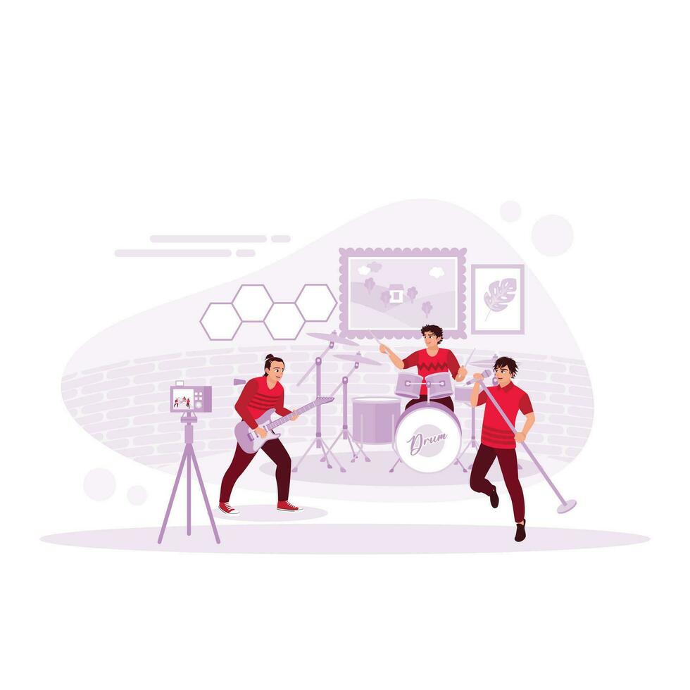 Music bloggers shoot videos online. Musicians and Singers Playing Music. Video Bloggers. Content maker. Young Vloggers. Blog Management. Trend Modern vector flat illustration