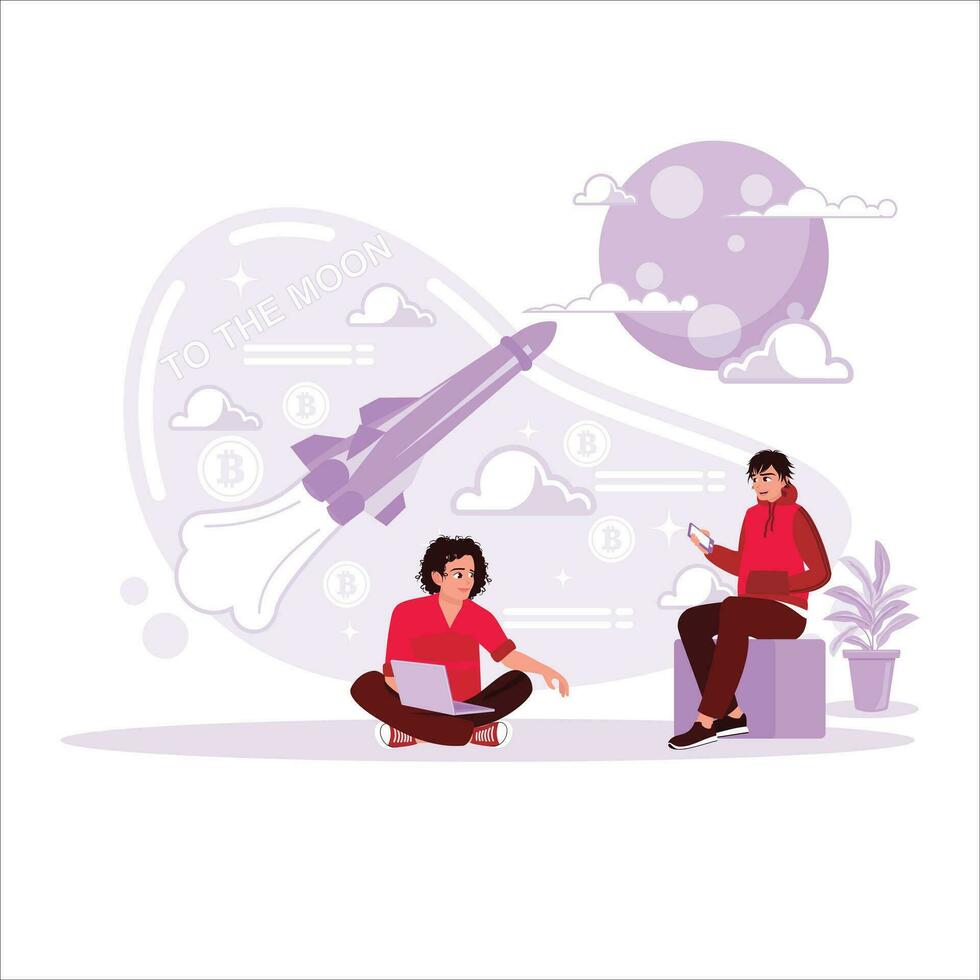 Productivity boosting concept. 2 businessmen are talking about the progress of sales. Illustration of a rocket flying to the moon. Successful start up partnership or concept. vector