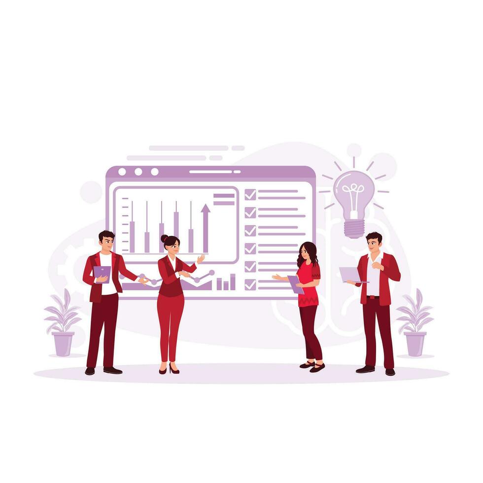 Senior female CEO and multicultural business people are discussing the company presentation. The company team is having a meeting in front of a big screen. Trend Modern vector flat illustration