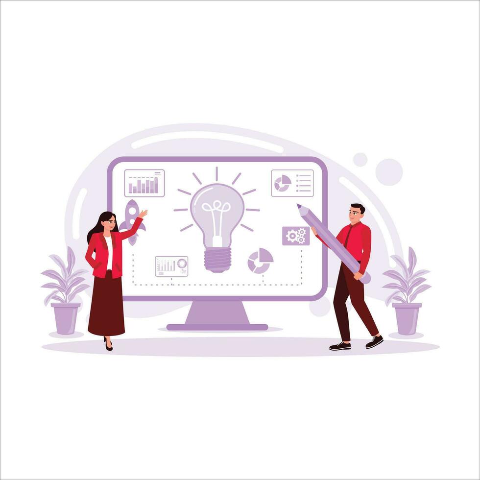 New startup project digital marketing team analyzing and advertising brainstorming. Digital marketing business online concept. Trend Modern vector flat illustration