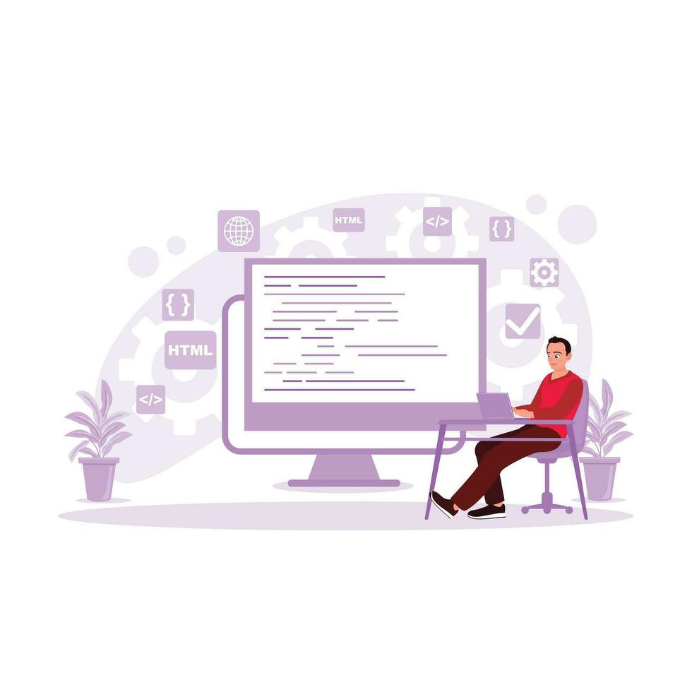 software desarrollo hombre trabajando a el escritorio y rotura programación código. tendencia moderno vector plano ilustración.