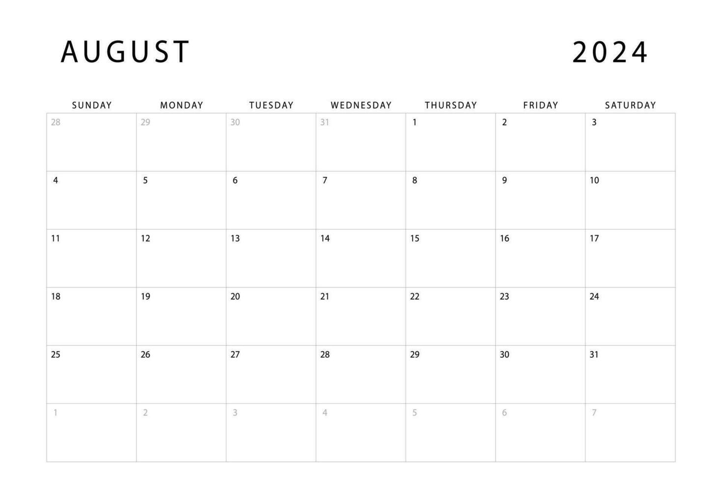 August 2024 calendar. Monthly planner template. Sunday start. Vector design