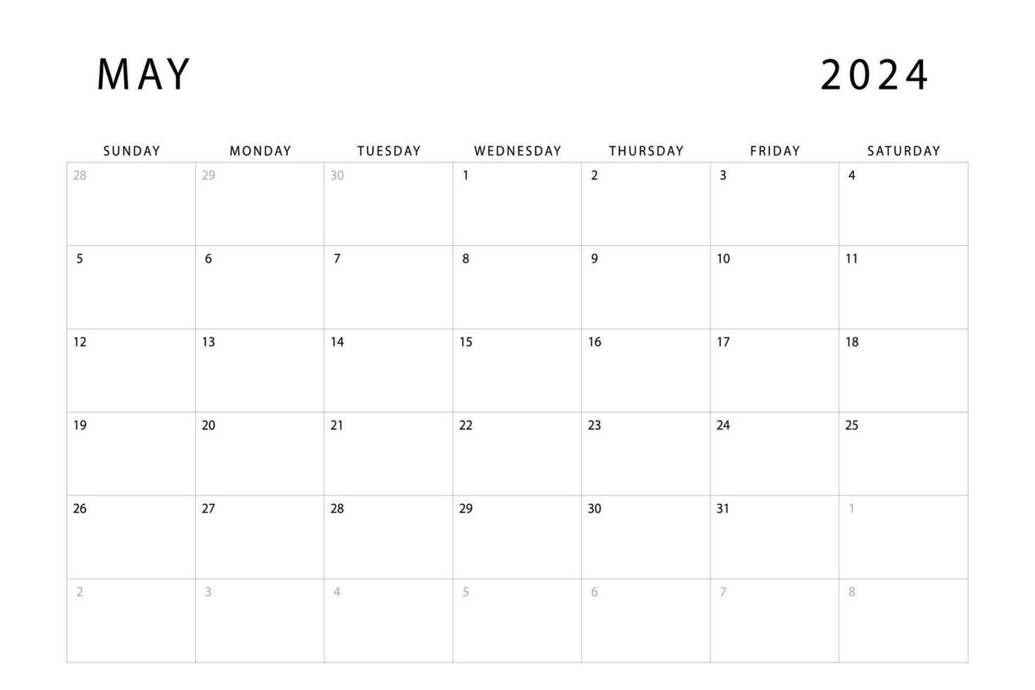 May 2024 calendar. Monthly planner template. Sunday start. Vector design