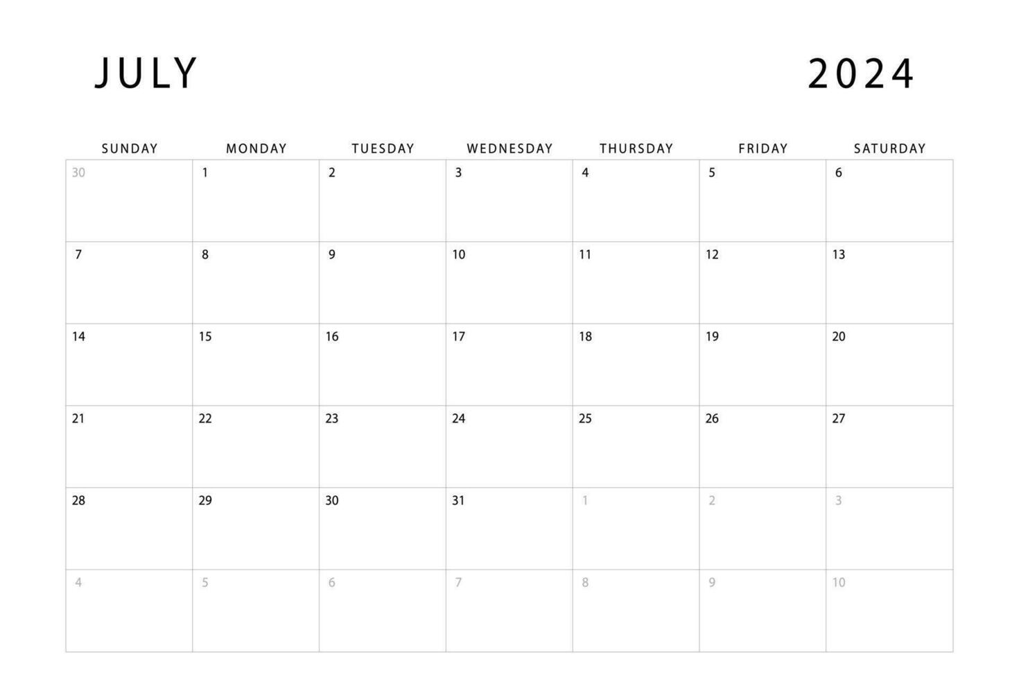 July 2024 calendar. Monthly planner template. Sunday start. Vector design