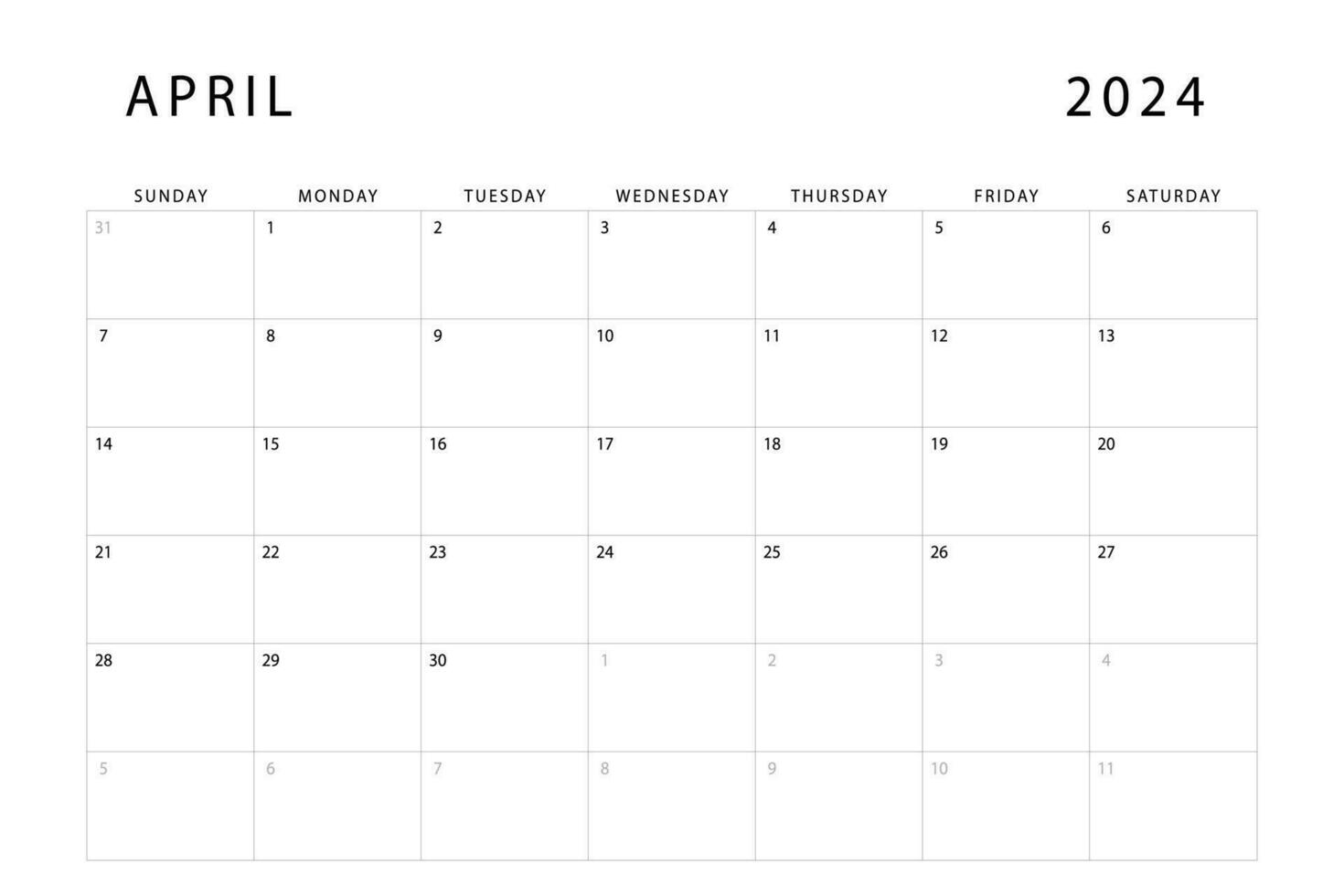 April 2024 calendar. Monthly planner template. Sunday start. Vector design