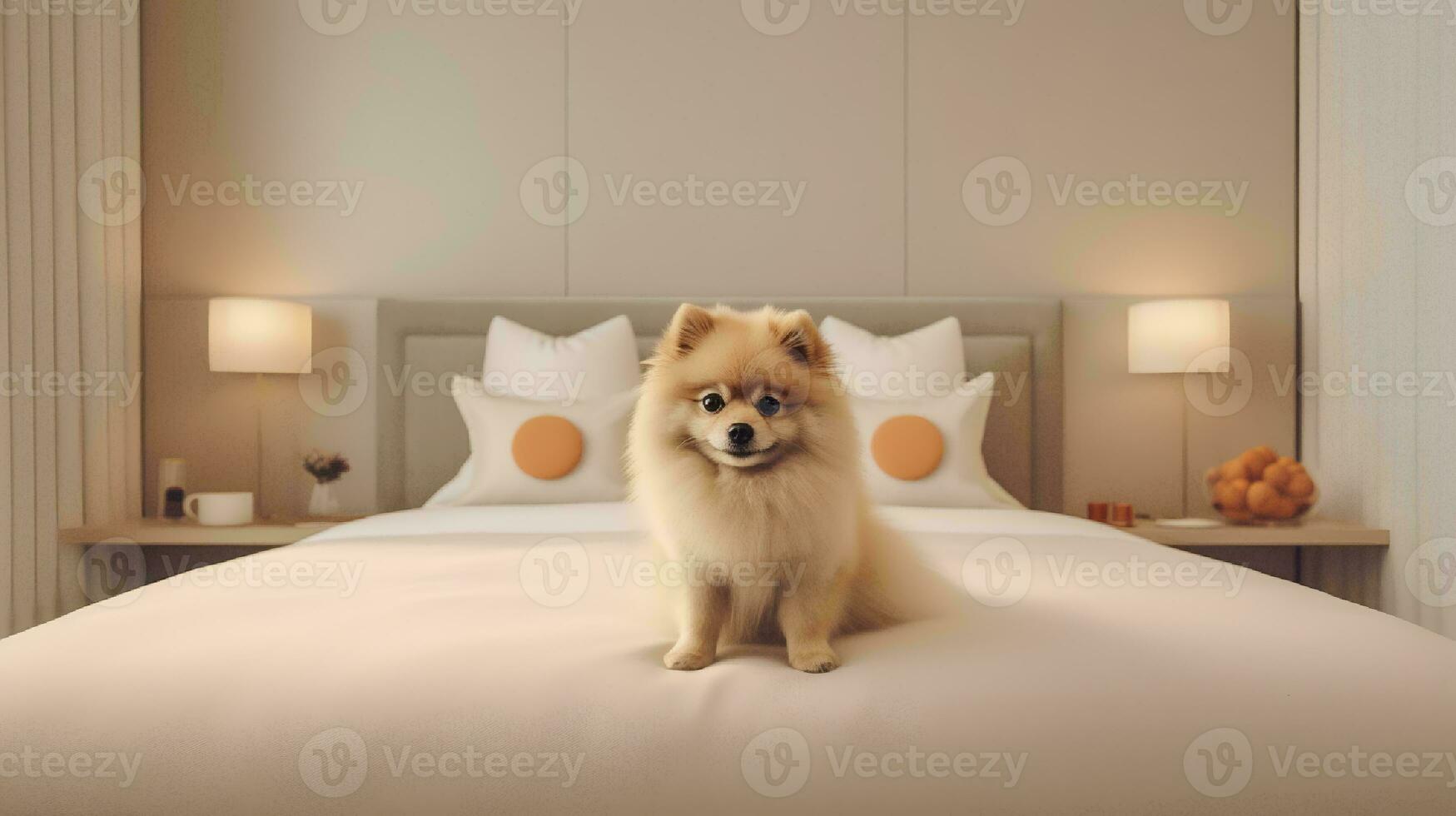 Pomeranian dog lying on bed in hotel with contemporary interior design. Generative AI photo