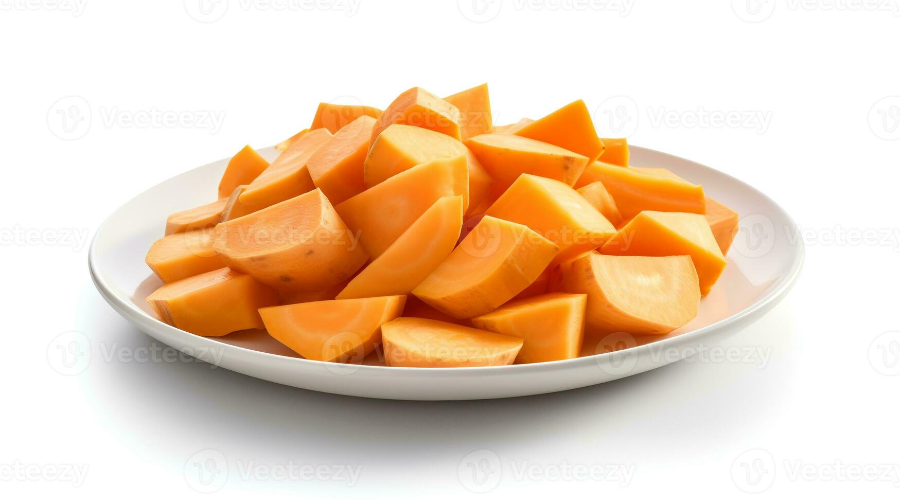 Photo of Sweet potatoes sliced pieces on minimalist plate isolated on white background