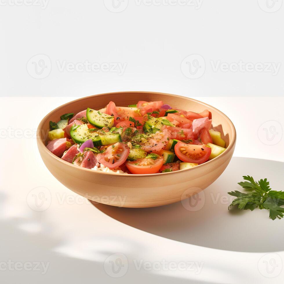 Photo of Fatoush on bowl isolated on white background. Created by Generative AI