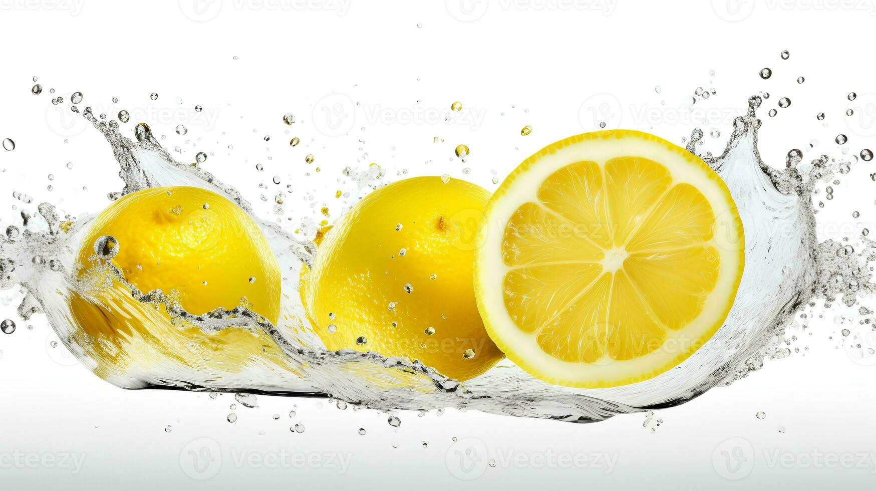 Photo of Fresh Lemon Slices with Water Splashes isolated on white background
